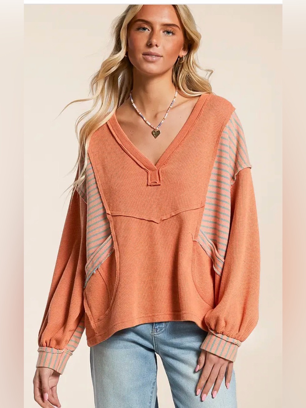 POL Coral Orange V-Neck Pullover with Stripe Accents
